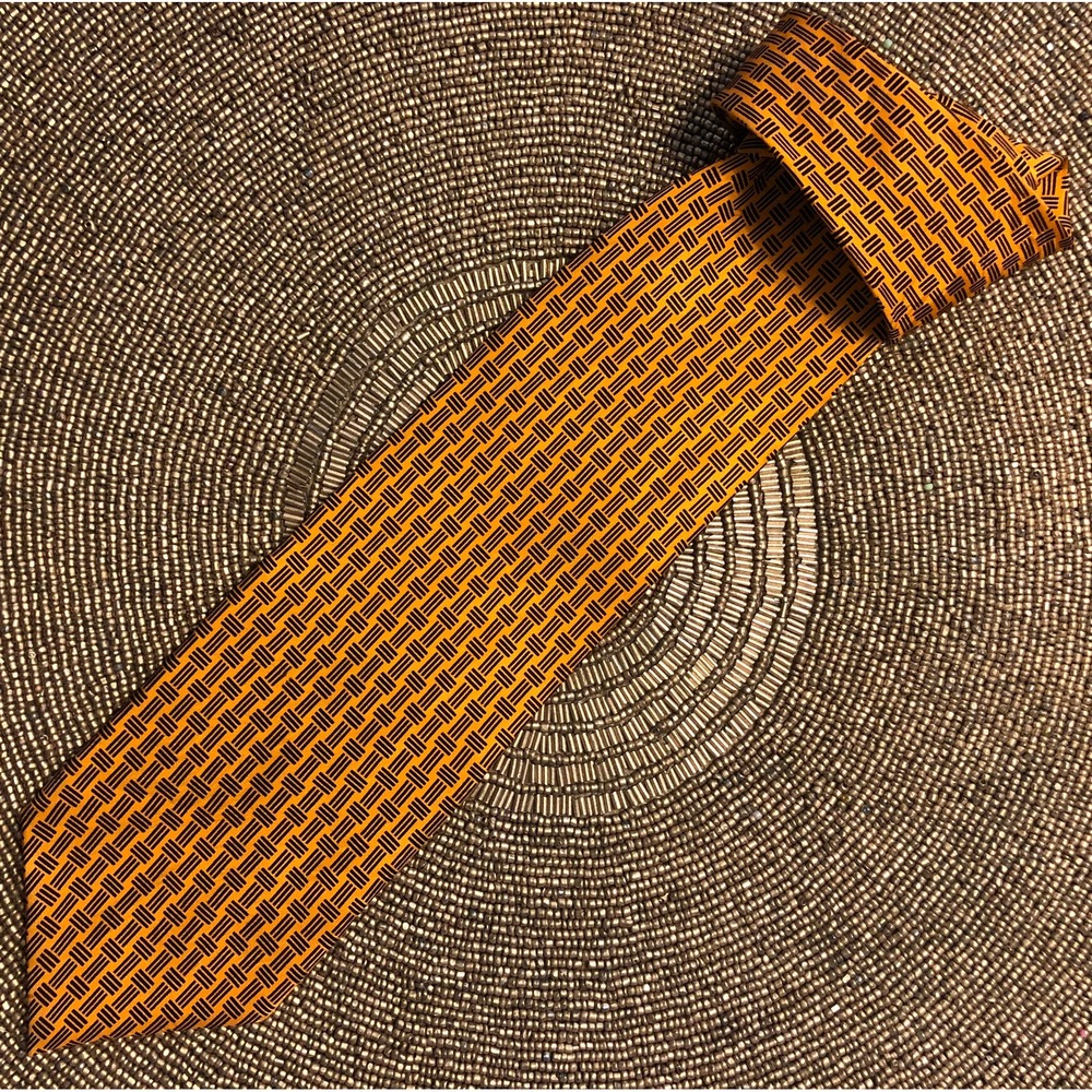 Orange and Black Necktie Di Maggio Handmade 100% Silk Basket Weave Pattern Tie